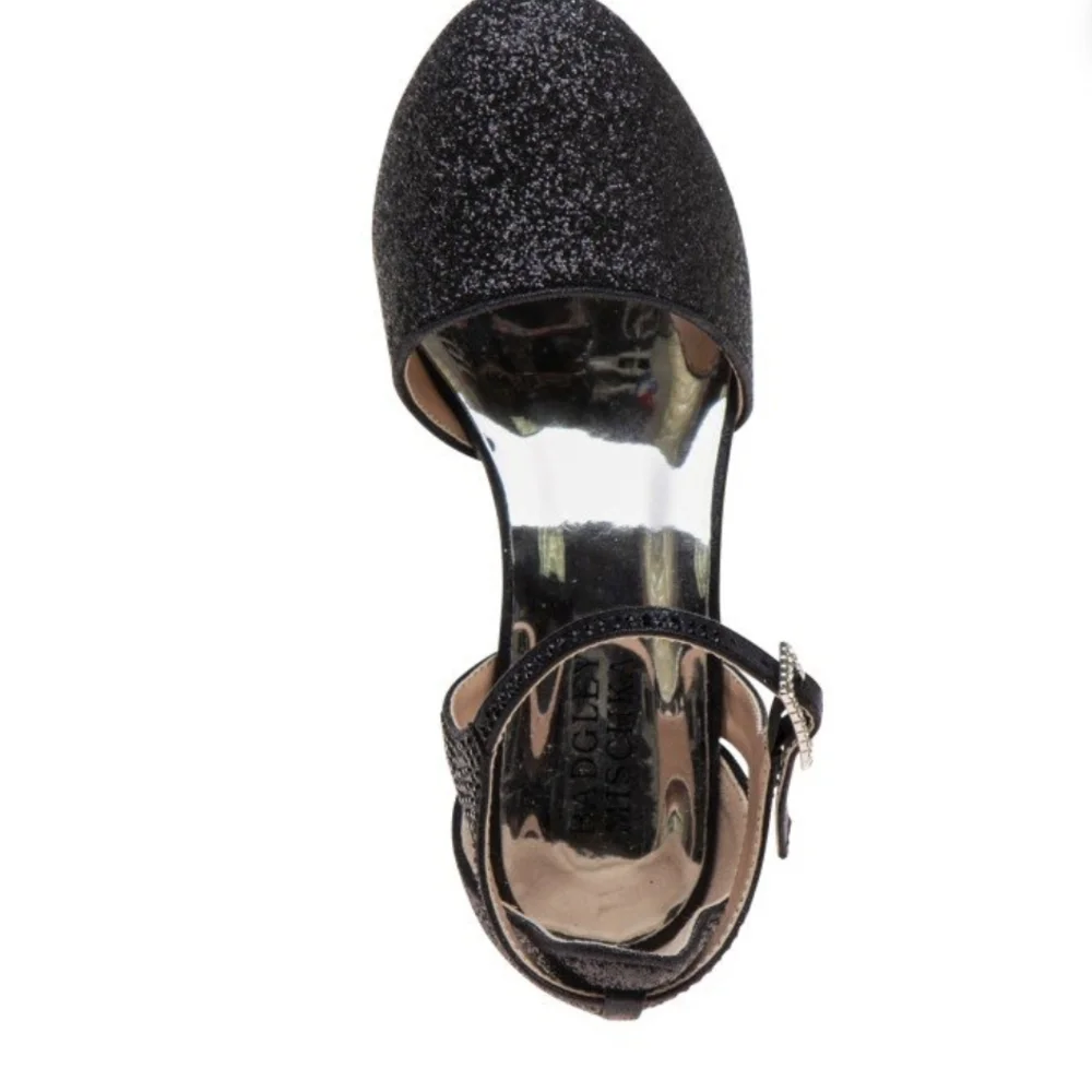 Badgley Mischka Girls' Black Glitter Ankle-Strap Block Heel
